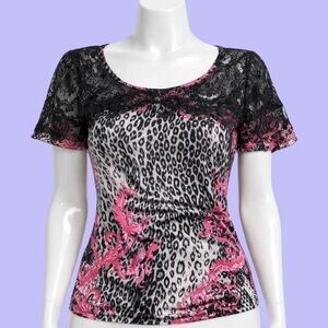 Early 2000s Y2K Black Lace and Pink Paisley Animal Print Blouse
